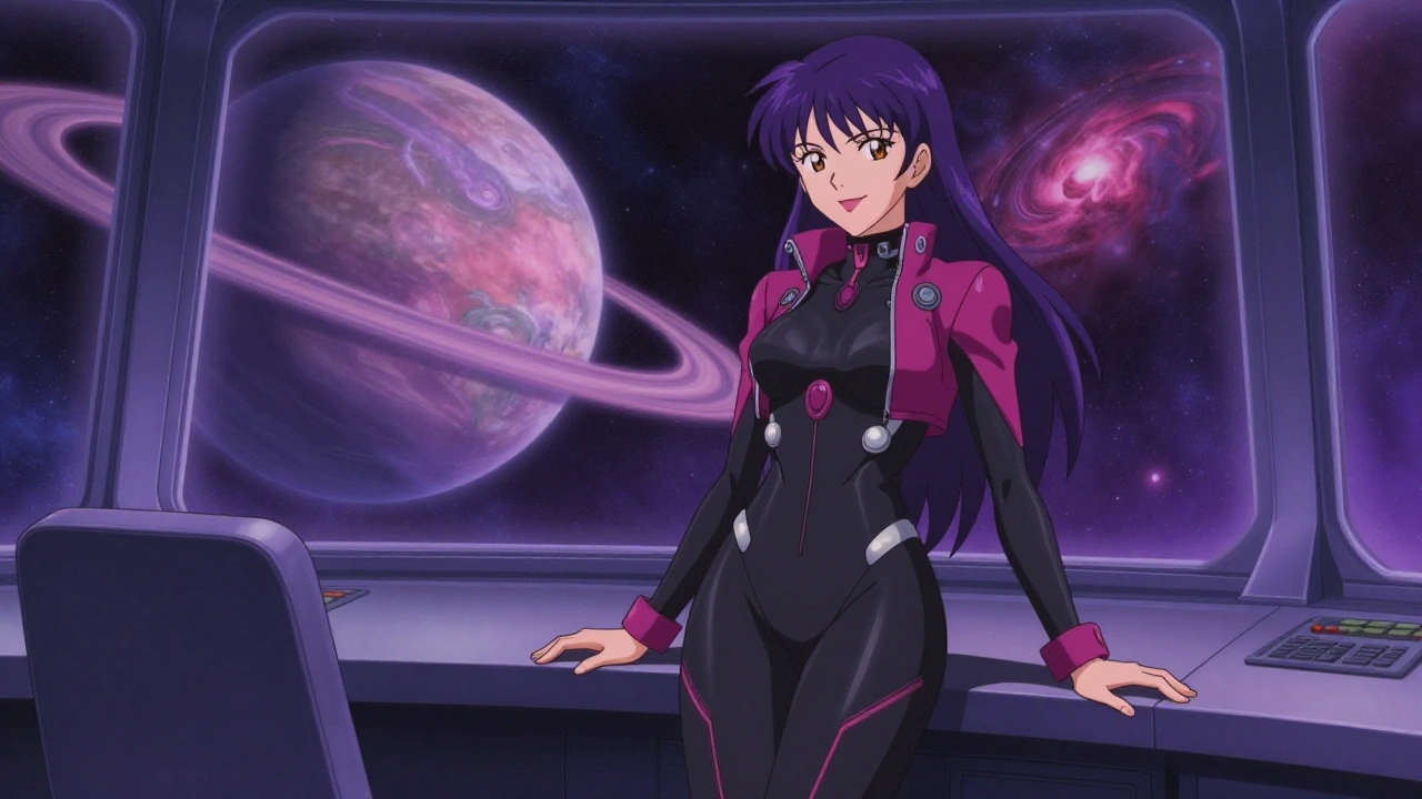 Adult anime starship pilot in a fitted futuristic flight suit beside a glowing ringed planet