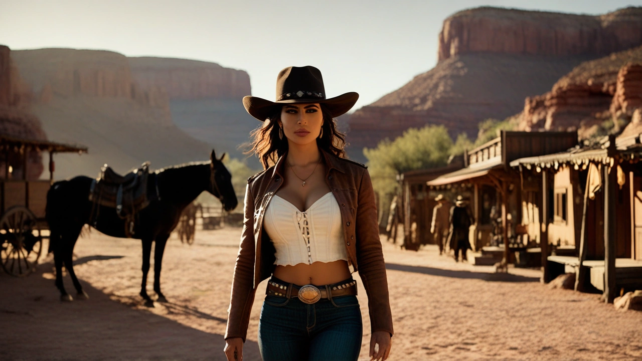 Adult cowgirl in a fitted western outfit in a sunlit frontier town