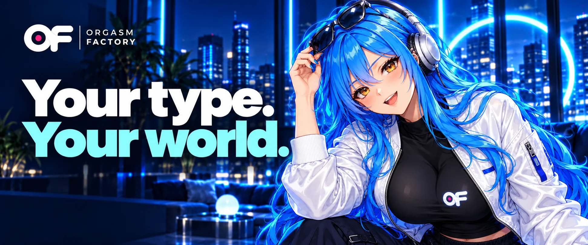 Orgasm Factory’s adult blue-haired mascot in a cyan-lit city penthouse