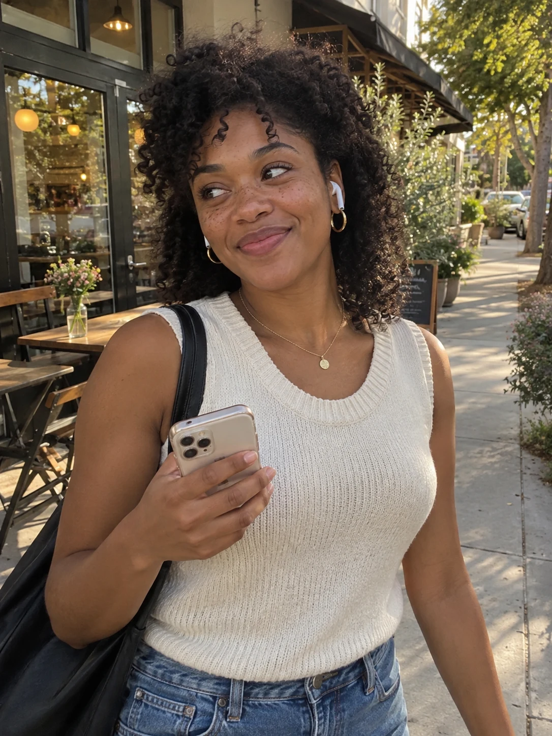Adult fictional woman enjoying a voice call on a sunny walk