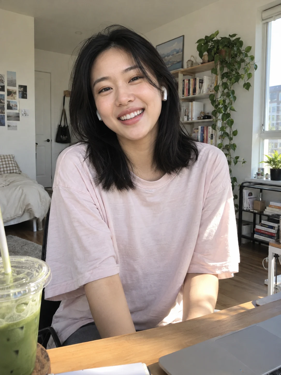 Adult fictional woman smiling at her sunny apartment desk